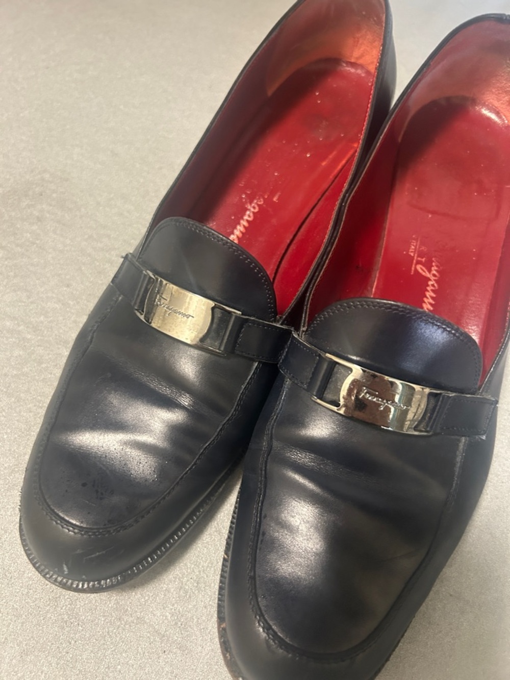 Salvatore Ferragamo Navy  Leather Loafers with Red Interior and Silver hardware